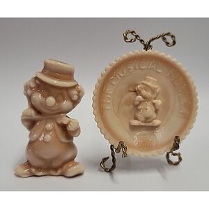 Vtg Mosser Glass Little Fiddler Clown Shushu Brown Slag w. Matching Plate